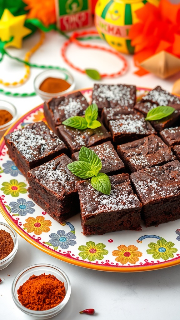 Decadent Chocolate Mole Brownies for Cinco de Mayo Fudgy chocolate mole brownies on a decorative plate with powdered sugar and mint, set in a festive Cinco de Mayo background.